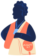 Ilustration zeigt eine Frau mit einer Tasche, auf der "Midwife Kit" steht